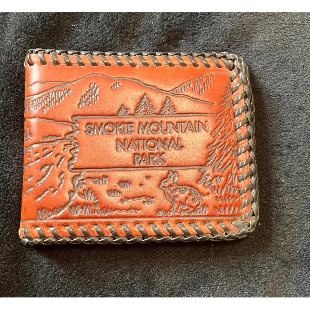 Vintage Bifold Wallet Mens OS Tan Smokie Mountain National Park Tooled Leather
